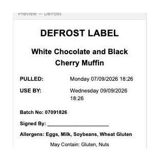 Defrost label example from Prepsheets