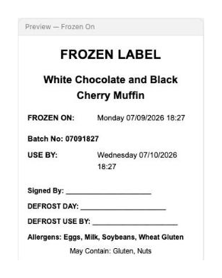 Frozen On label example from Prepsheets