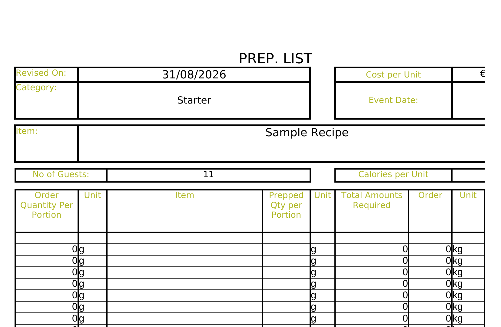 A blank Prepsheets recipe costing Excel template, showing the prep list header and ingredient grid