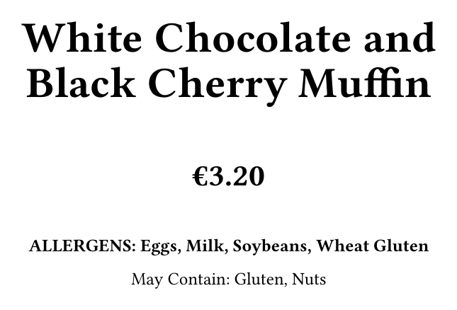 Example counter/display label showing product name, price and allergens, generated in Prepsheets