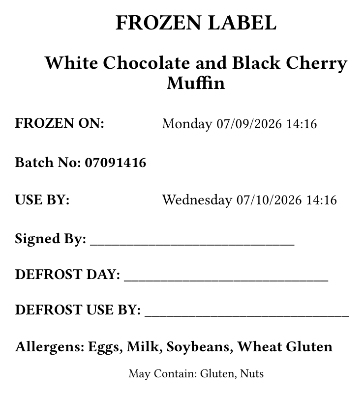Example frozen-storage label showing batch, dates and allergens travelling with a product into the freezer, generated in Prepsheets