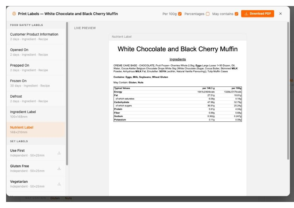 Prepsheets label generation screen showing the full list of label types, including allergen labels, alongside a live label preview for a recipe