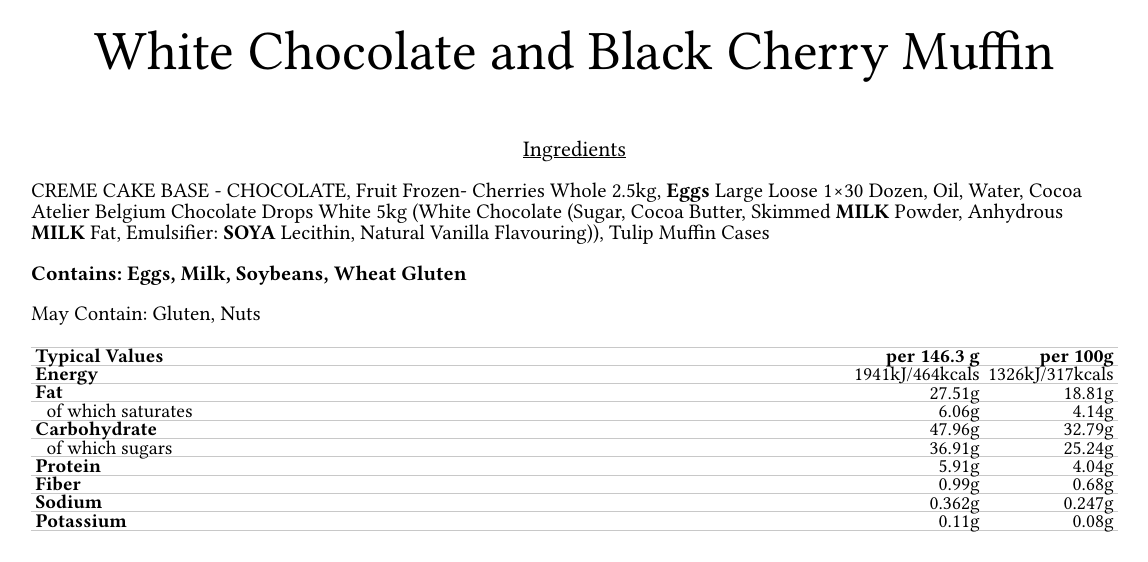 Example PPDS packaging label showing a full ingredients list with the 14 allergens bolded, generated in Prepsheets