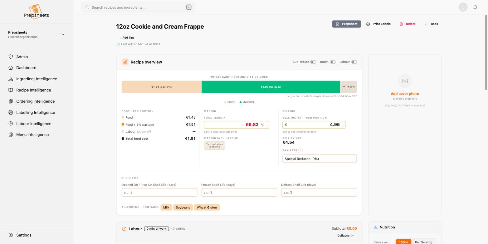 Prepsheets recipe overview showing per-portion cost, food margin and allergens for a recipe