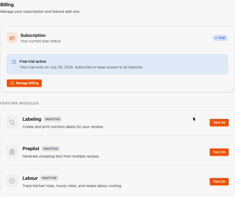 The Billing page showing the trial status and the Labelling, Preplist and Labour modules