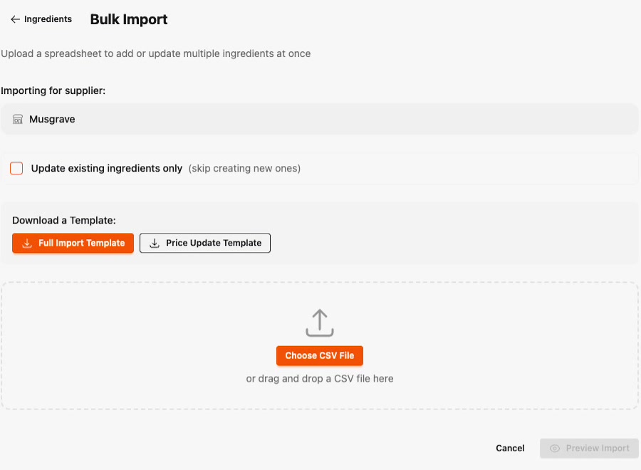 The Bulk Import screen with the Full Import Template and Price Update Template download buttons