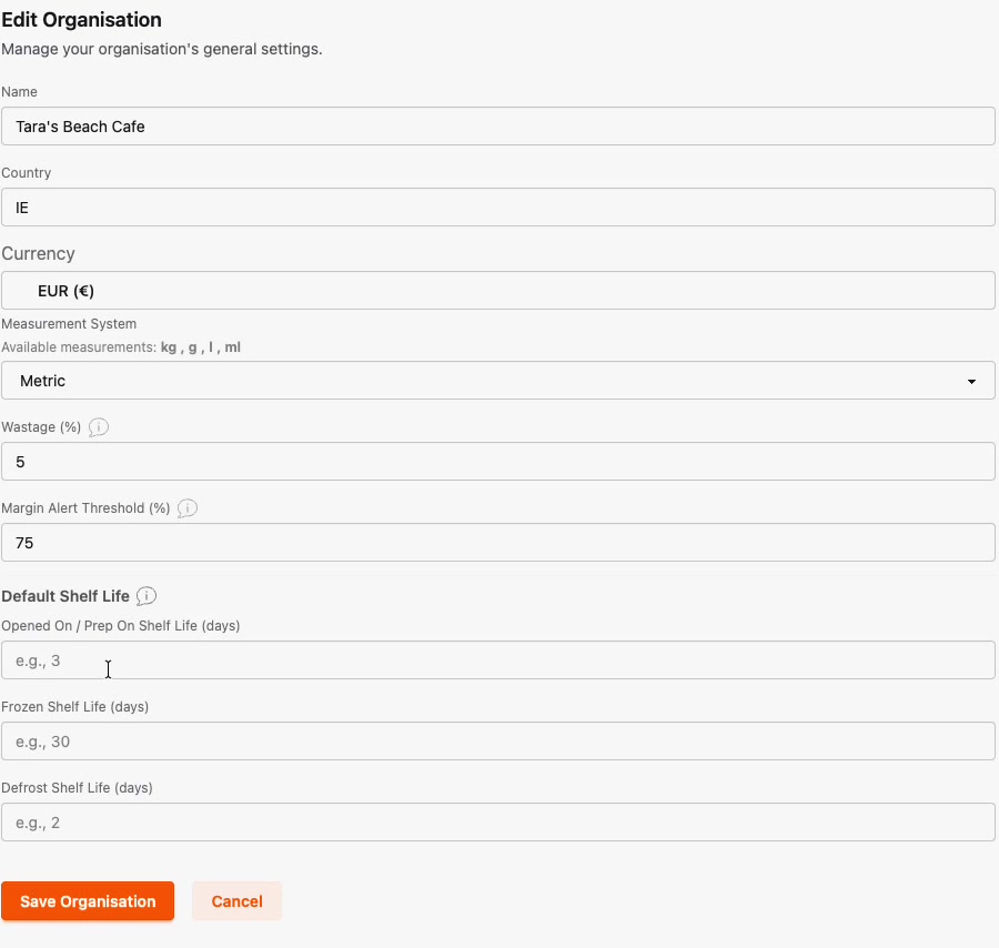 The General organisation settings including wastage, margin alert and default shelf life