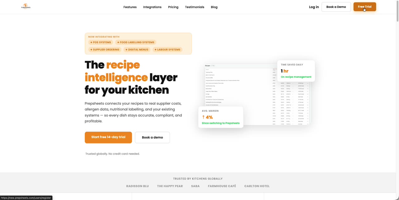 Prepsheets homepage with the Free Trial button highlighted