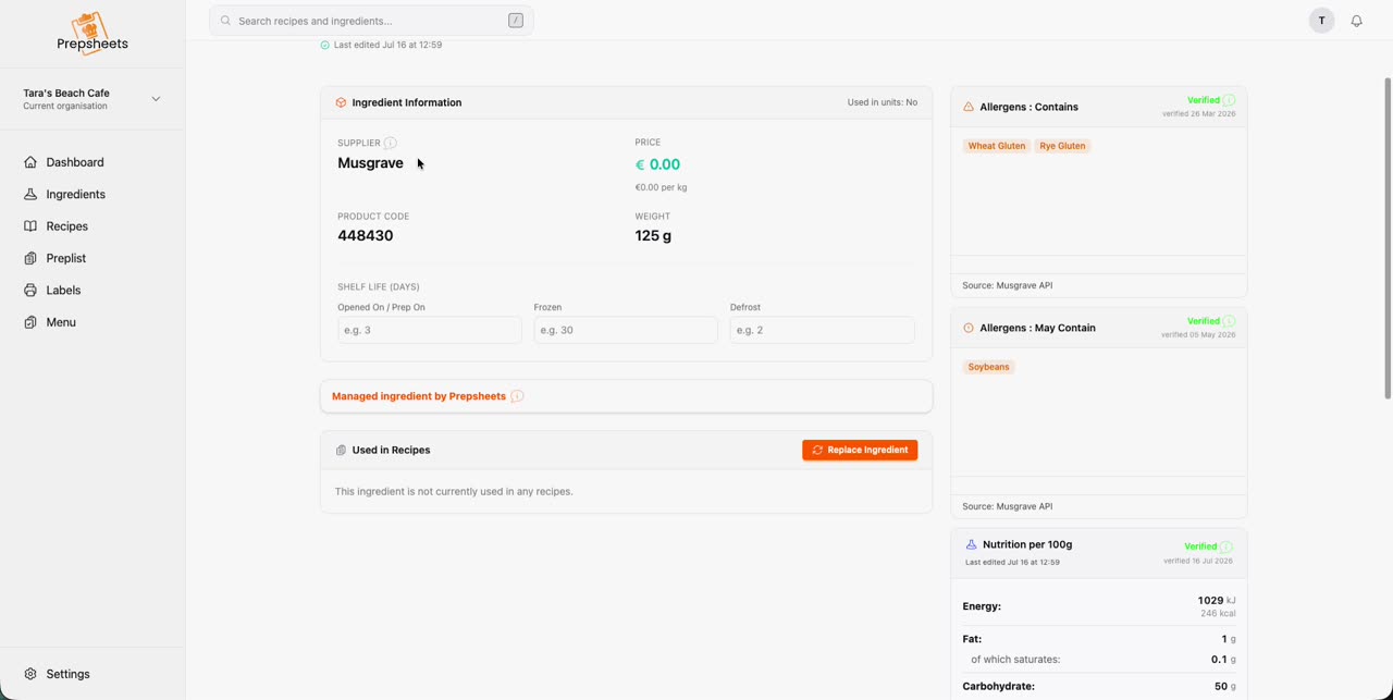 Ingredient detail page showing verified allergens and nutrition