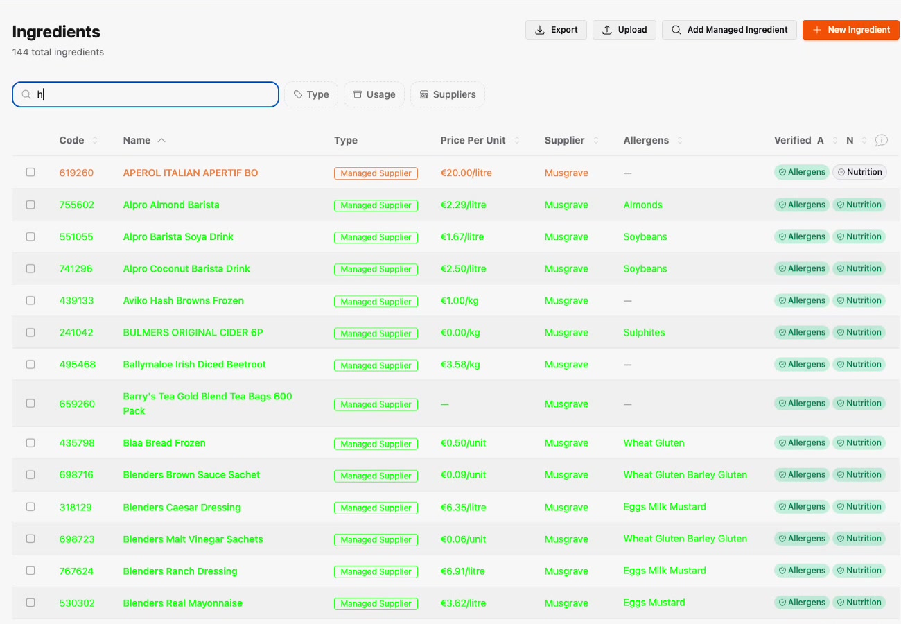 The Ingredients list after import showing verified allergen and nutrition badges