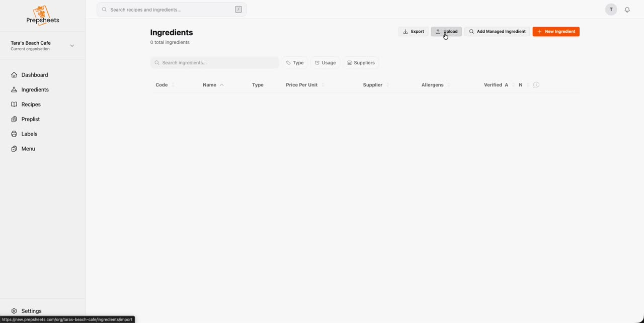The Ingredients page in Prepsheets with the Add Managed Ingredient and Upload buttons