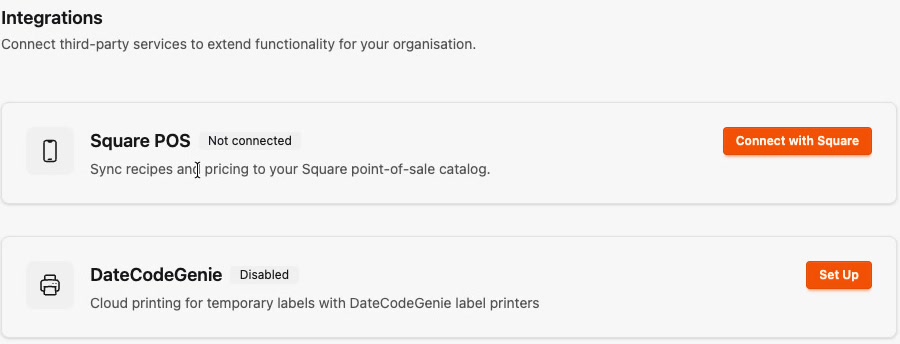 The Integrations page showing Square POS and DateCodeGenie