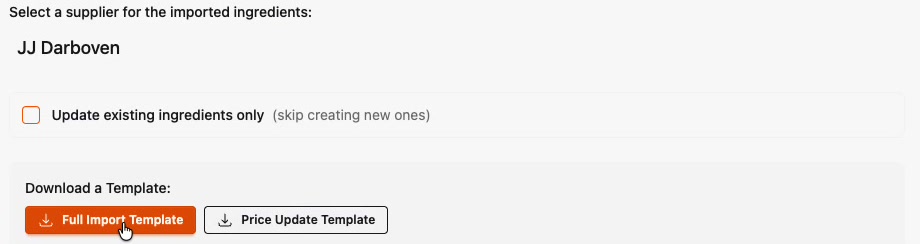 The Full Import Template and Price Update Template download buttons with JJ Darboven selected