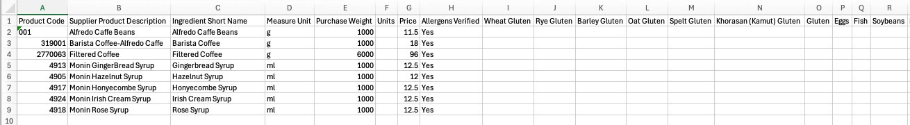 The filled-in JJ Darboven template with product codes, short names, units, weights, prices and verified allergens