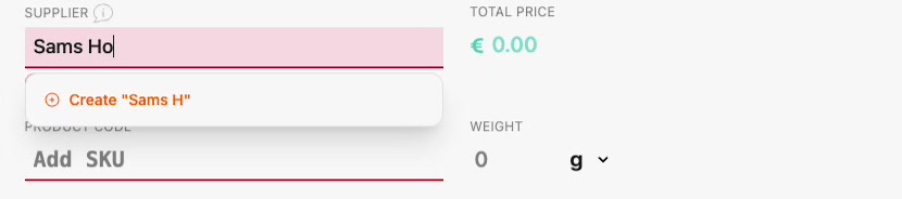 Typing a new supplier name and creating it on the fly from the ingredient form