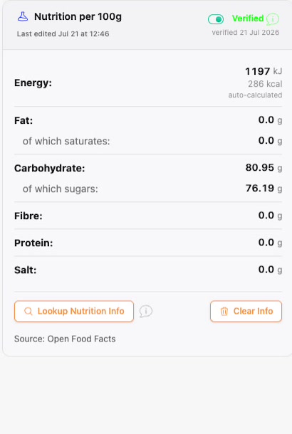 Nutrition per 100g verified from Open Food Facts