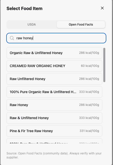 The Select Food Item dialog searching Open Food Facts for raw honey