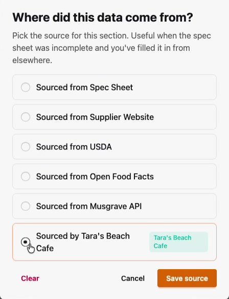 The Where did this data come from dialog, choosing Sourced by Tara's Beach Cafe