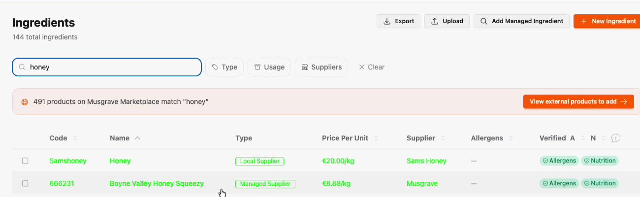 Search results showing a local honey and a managed supplier honey side by side