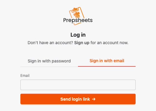 The Prepsheets log in page with the Sign in with email tab selected