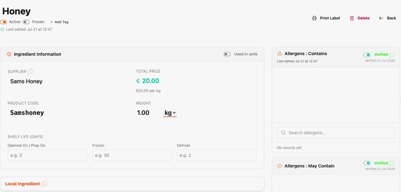 The new ingredient form with a local supplier, price, product code and weight