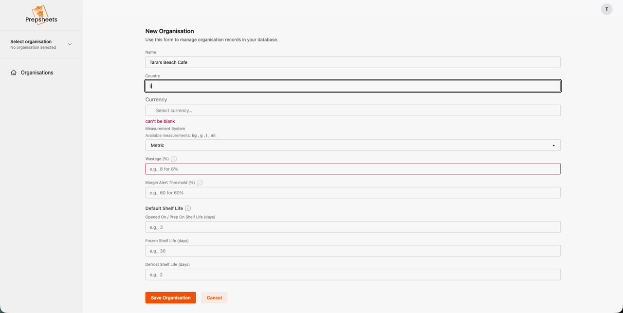 The New Organisation form in Prepsheets