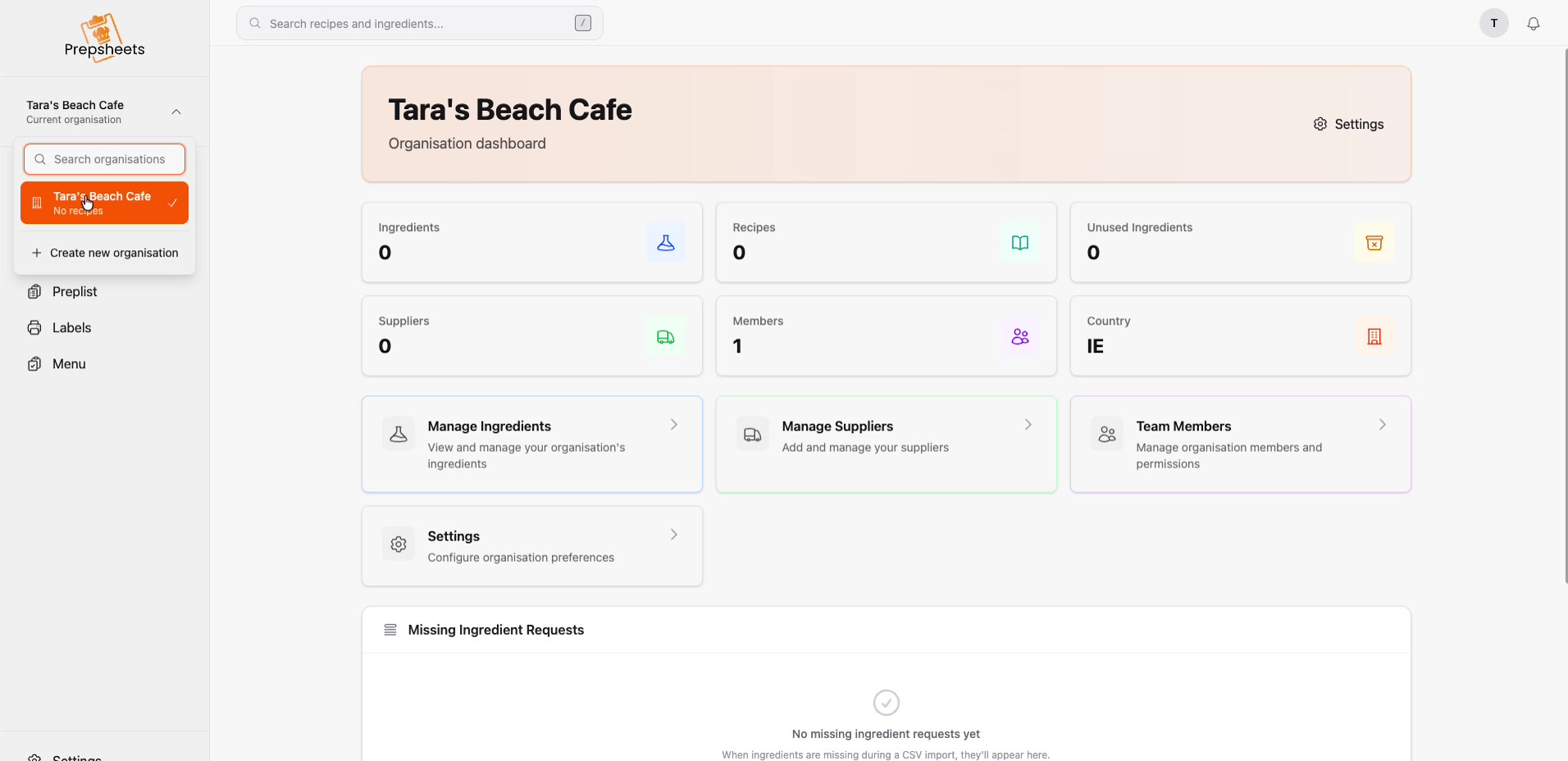 The organisation selector open on the left with the empty dashboard showing zero ingredients and recipes
