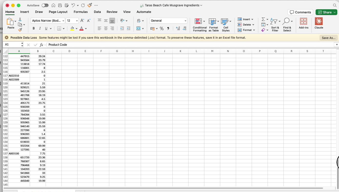 A price update CSV in Excel with two columns: product code and price