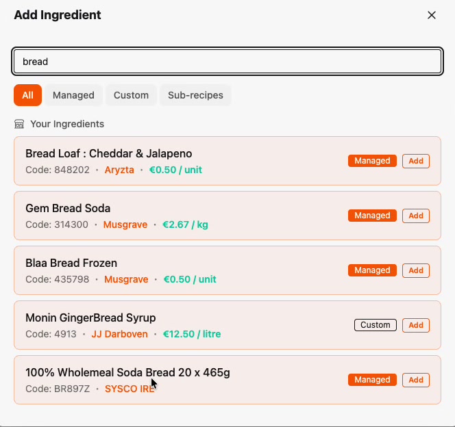 The Add Ingredient search showing bread matches from your database