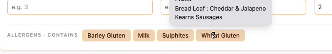 Hovering over the Wheat Gluten allergen shows a tooltip listing the ingredients it comes from