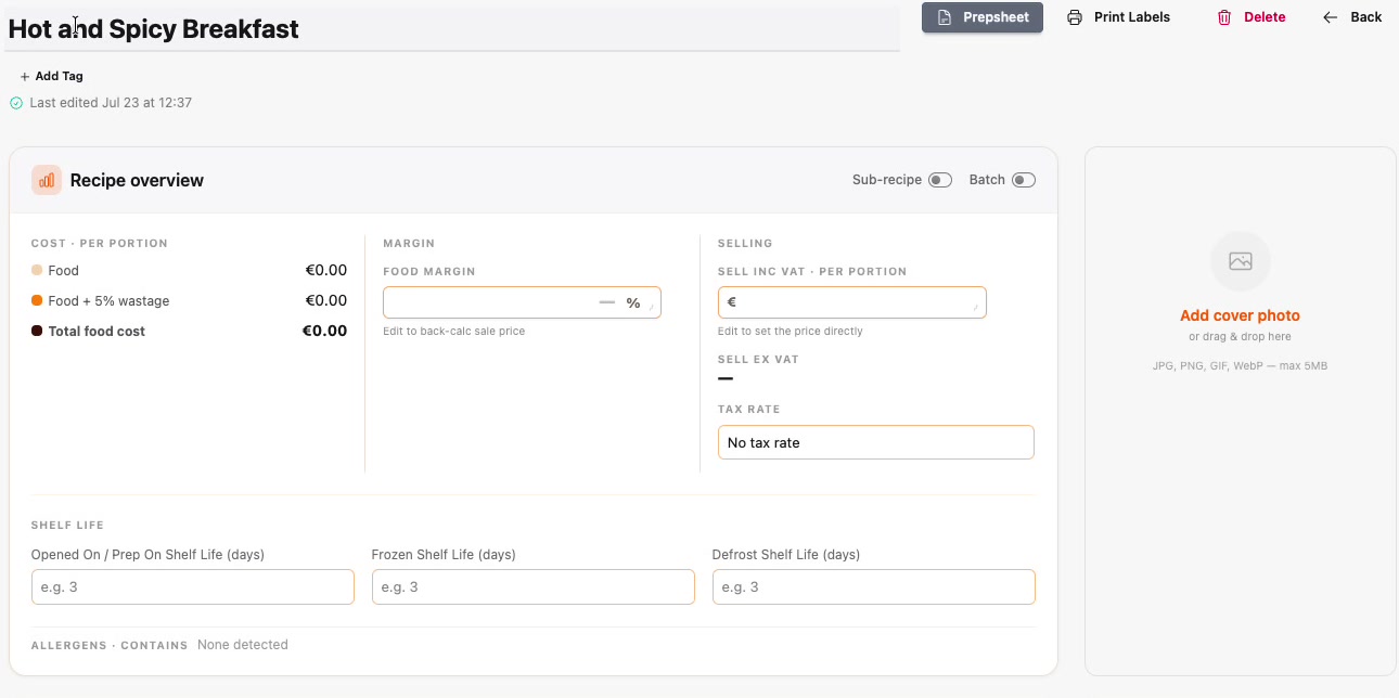 A newly created recipe with an empty overview