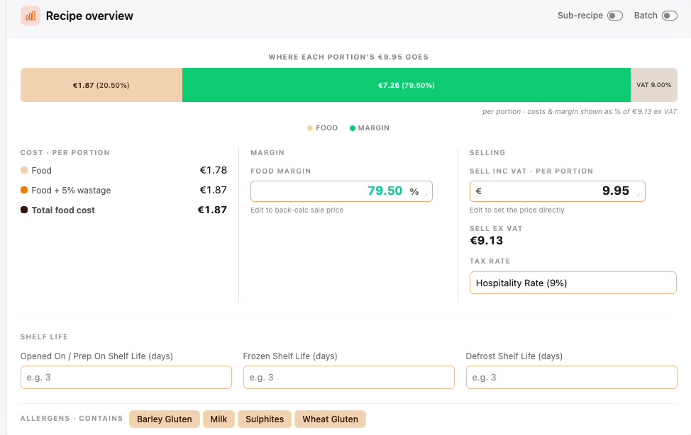 The recipe overview showing food cost, VAT and margin breakdown