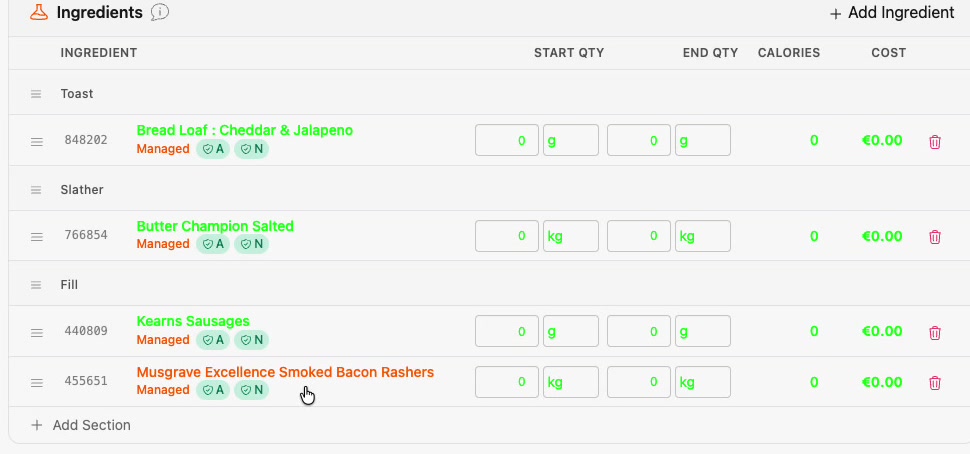 The recipe organised into Toast, Slather and Fill sections
