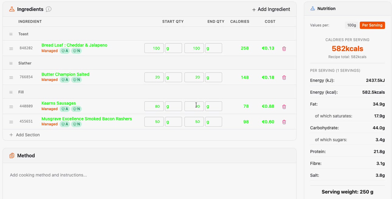 Quantities entered, with per-line cost and calories and a full nutrition panel