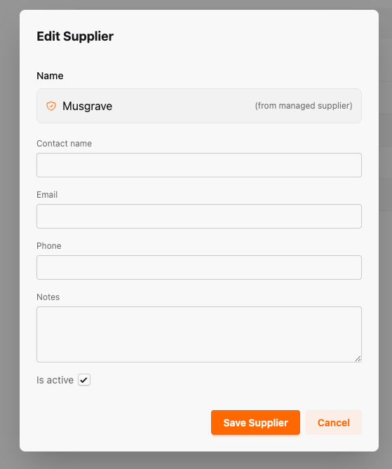 Editing a managed supplier (Musgrave) — the name is locked but you can add your own contact details