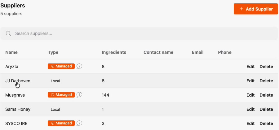 The Suppliers page listing managed and local suppliers with ingredient counts