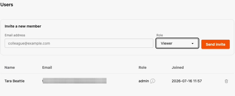 The Users settings page with the invite form and role selector