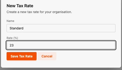 The New Tax Rate dialog with a name and rate percentage