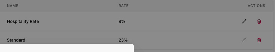 The Tax Rates list showing the hospitality and standard rates saved