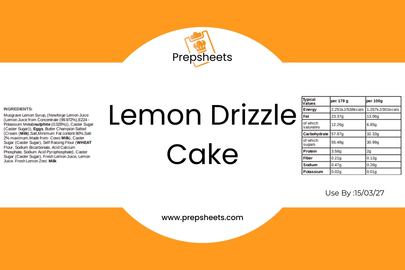 Prepsheets food label for Lemon Drizzle Cake showing ingredients, allergens and full nutrition